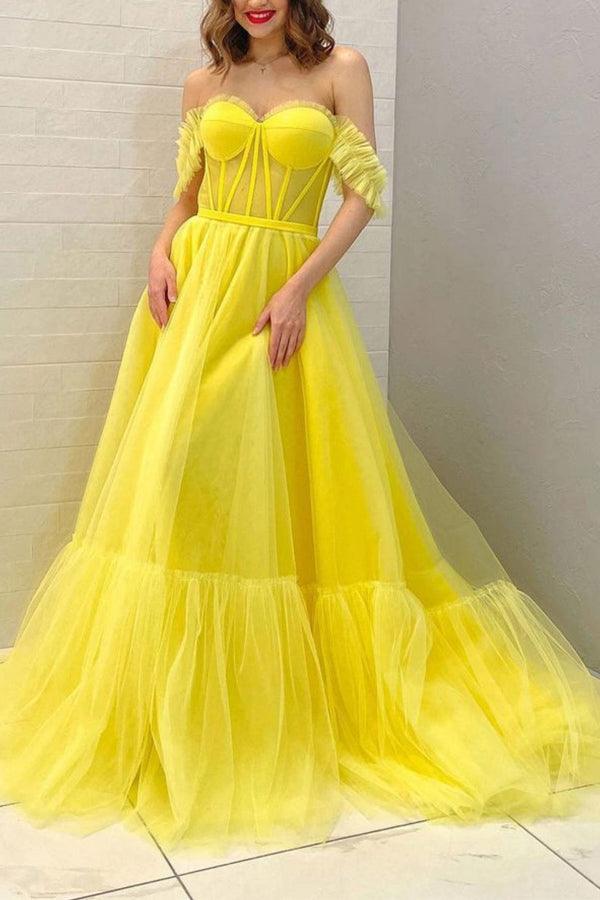 Elegant A-line off-shoulder tulle long prom dress with flowing skirt.