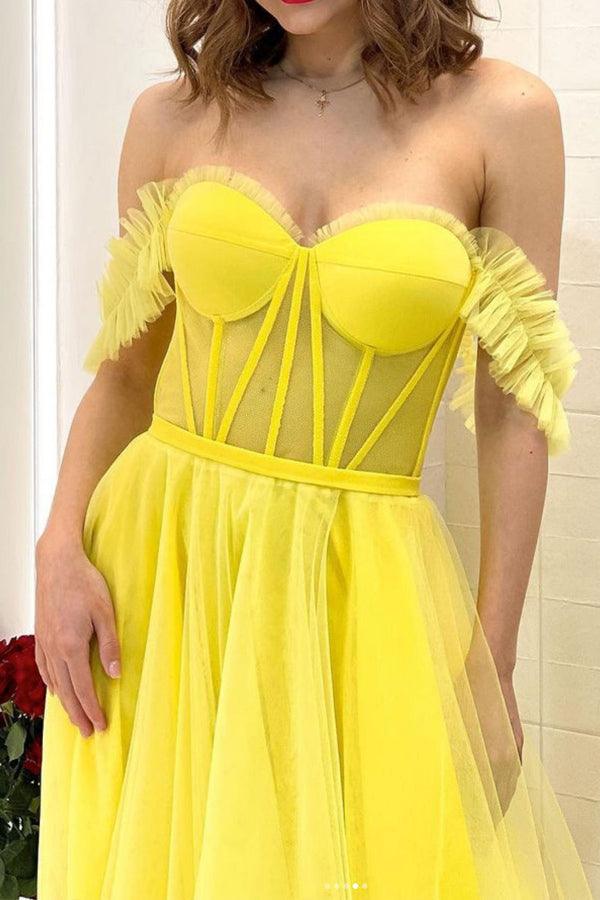 A-line off-shoulder tulle long prom dress, front view.