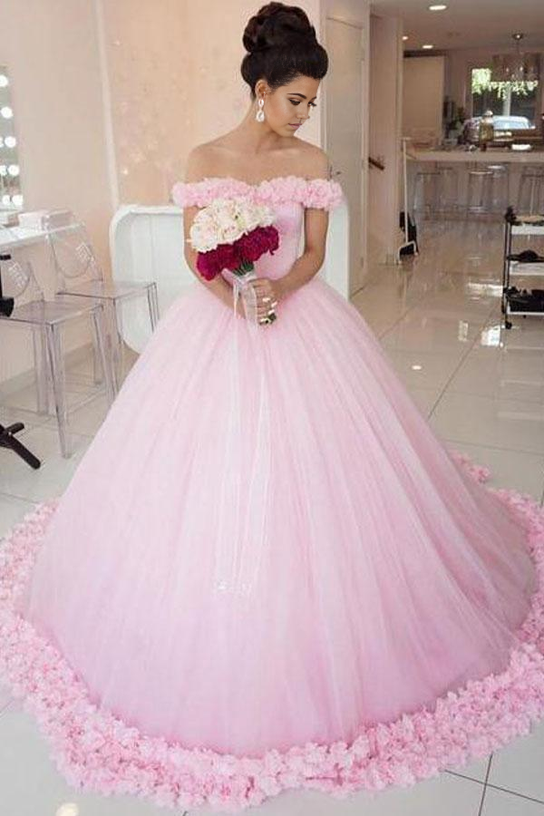 Elegant A-line off-the-shoulder vintage pink ball gown wedding dress.