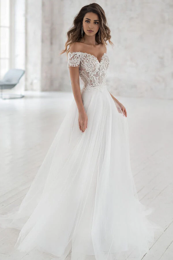Elegant A-line off-the-shoulder wedding dress with appliques and long tulle sleeves.