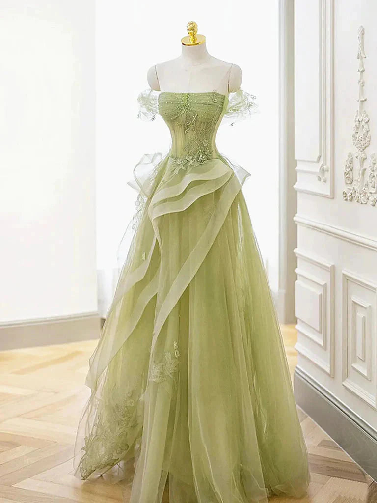 Elegant A-line off-the-shoulder prom dress with beaded tulle.