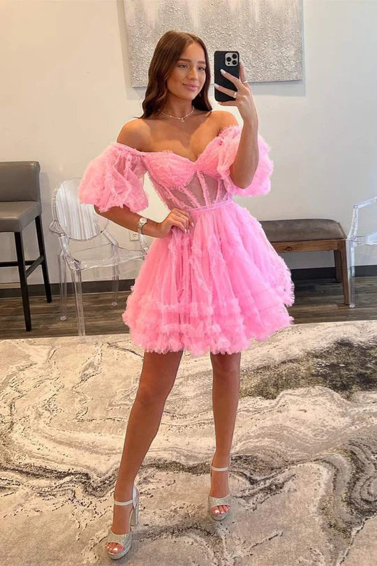 Elegant A-line off-the-shoulder tulle ruffle homecoming dress, front view.
