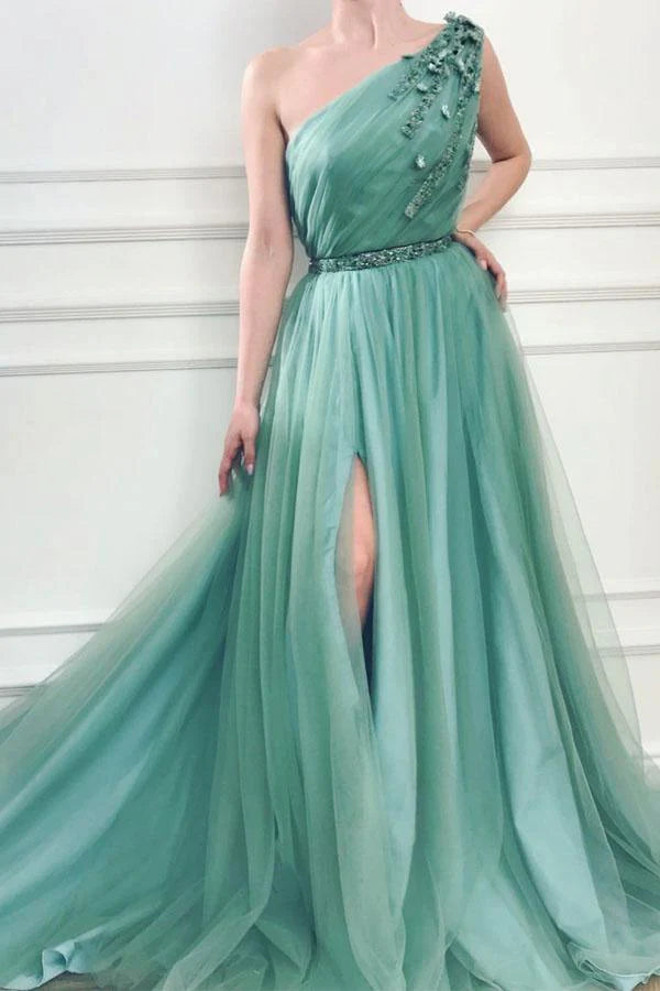Elegant A-line one-shoulder prom dress with beading and flowing tulle.