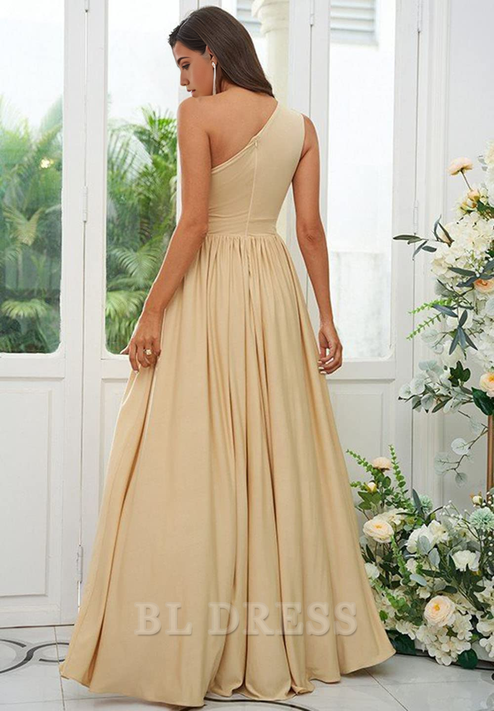 Back view of the A-line one-shoulder formal dress.