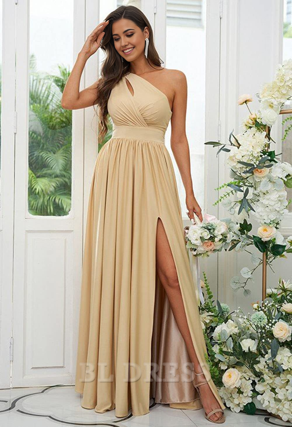 Full-length view of the A-line one-shoulder dress, showcasing the high slit.