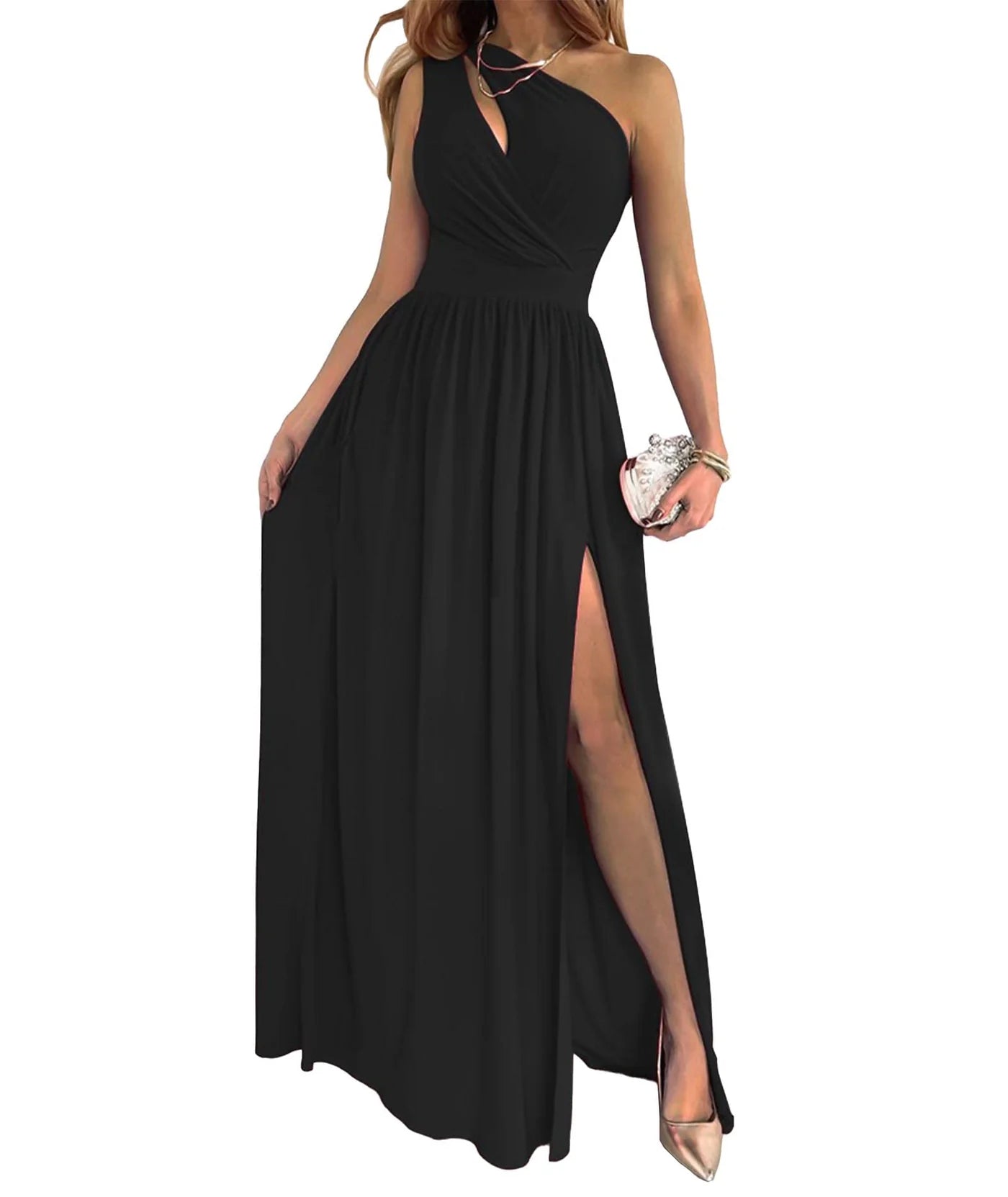 Elegant A-line one-shoulder dress with pleats and a high slit.