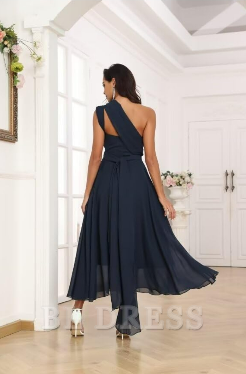 Versatile A-line one-shoulder formal dress in chiffon, featuring a convertible pleated design.
