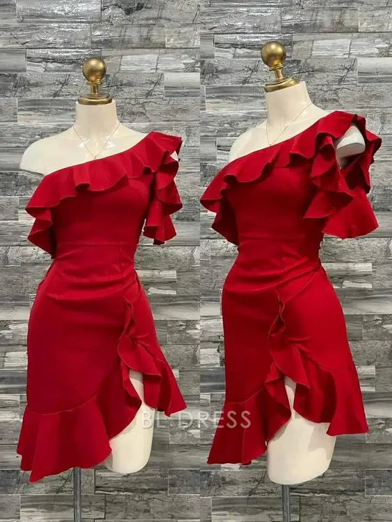 Woman wearing an elegant red A-line one-shoulder maxi dress.