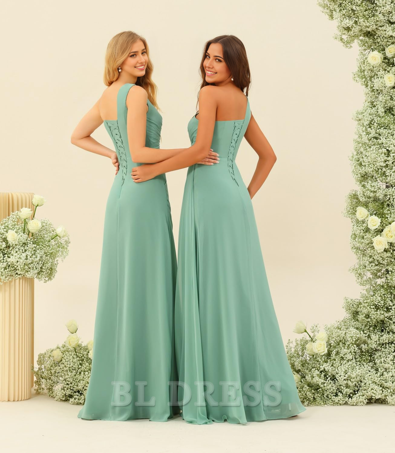 A-line one-shoulder formal dress in chiffon, featuring a ruched waist and thigh-high slit.