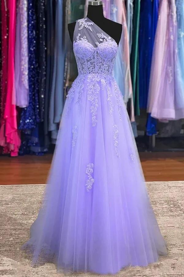 Elegant purple A-line one-shoulder tulle prom dress.