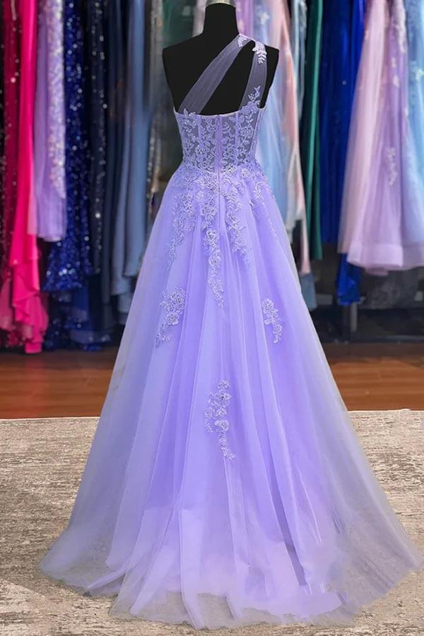 Purple A-line one-shoulder prom dress with intricate lace appliques.