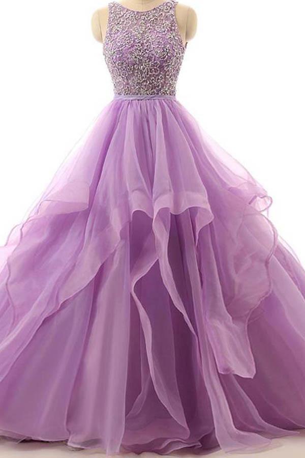 Elegant A-line organza prom dress with intricate beading and a flowing ankle-length skirt.