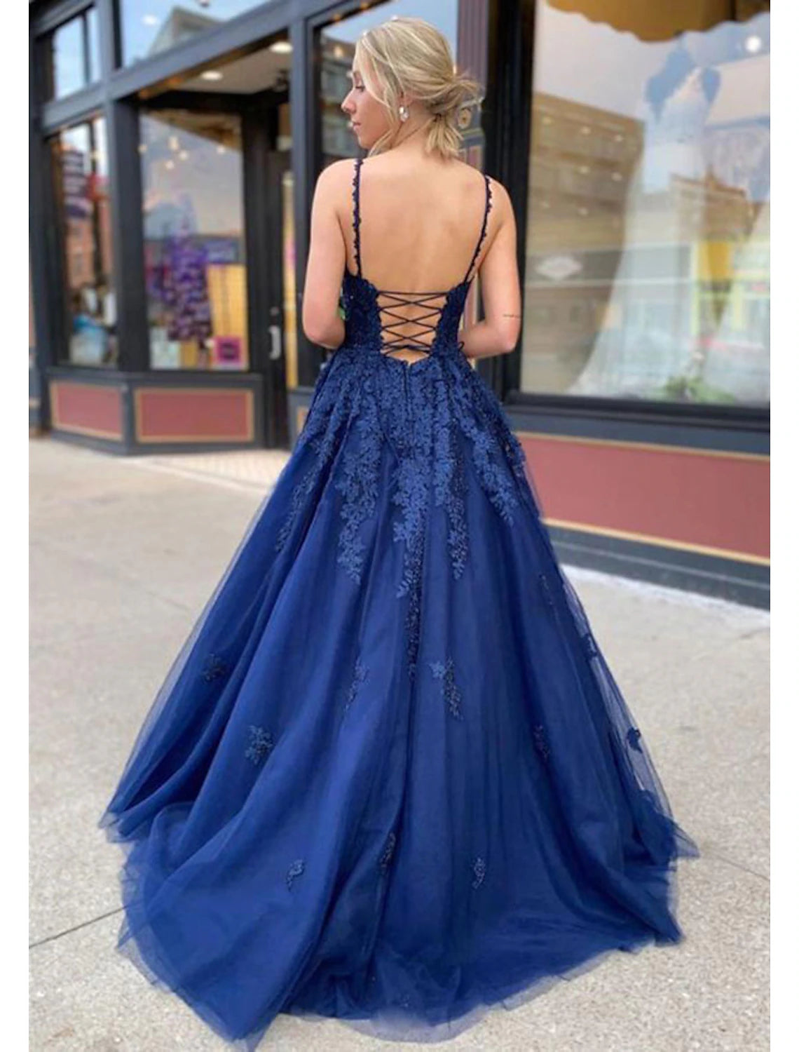 Full view of the A-line Princess V-neck lace floor-length prom dress.