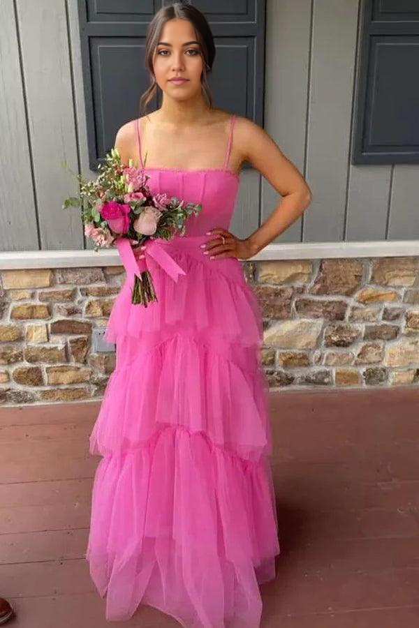 Hot pink A-line prom dress with tiered tulle skirt and V-neckline.
