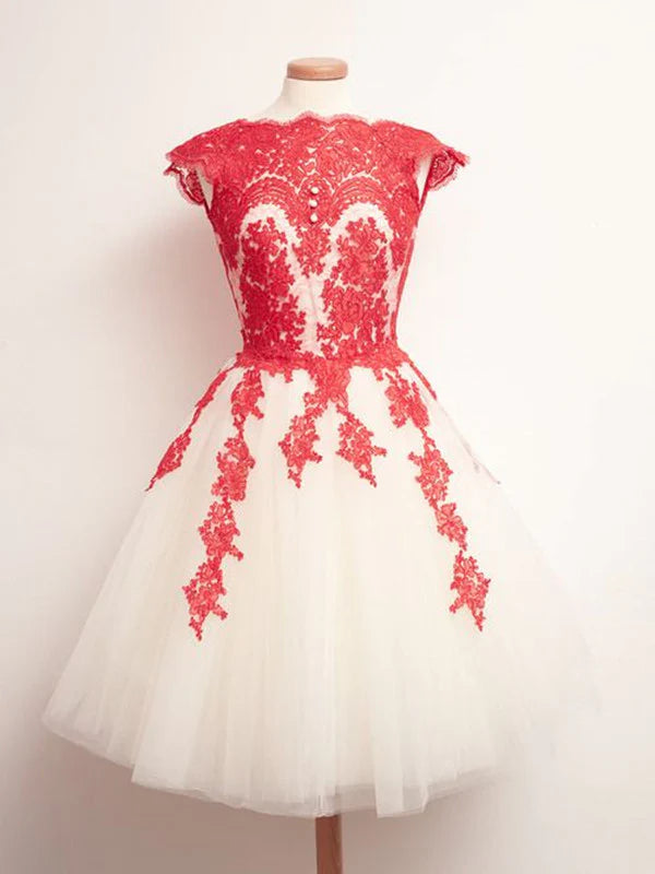 Elegant A-line lace prom dress with a round neck.