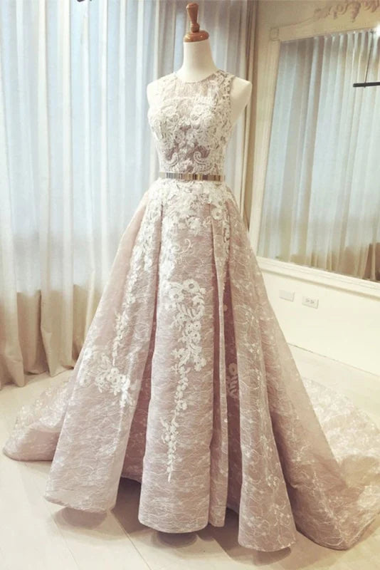 Elegant A-line ruched lace long dress with a belt, perfect for prom or weddings.