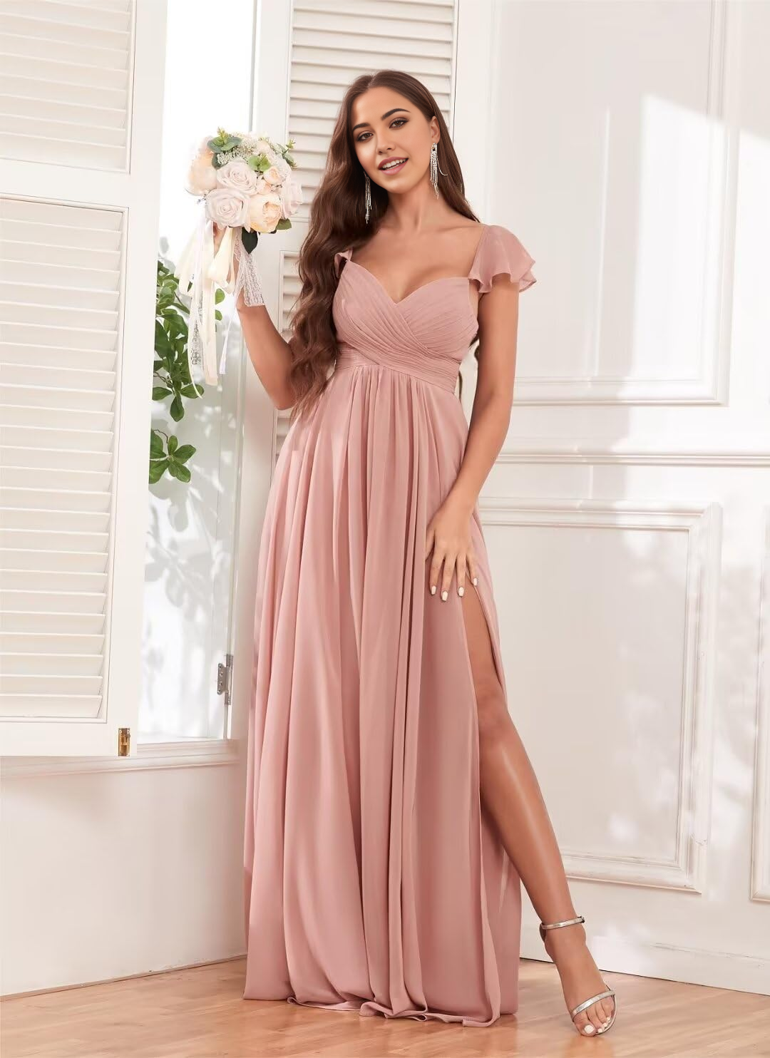 Elegant A-line chiffon dress with ruffle back and V-neckline.