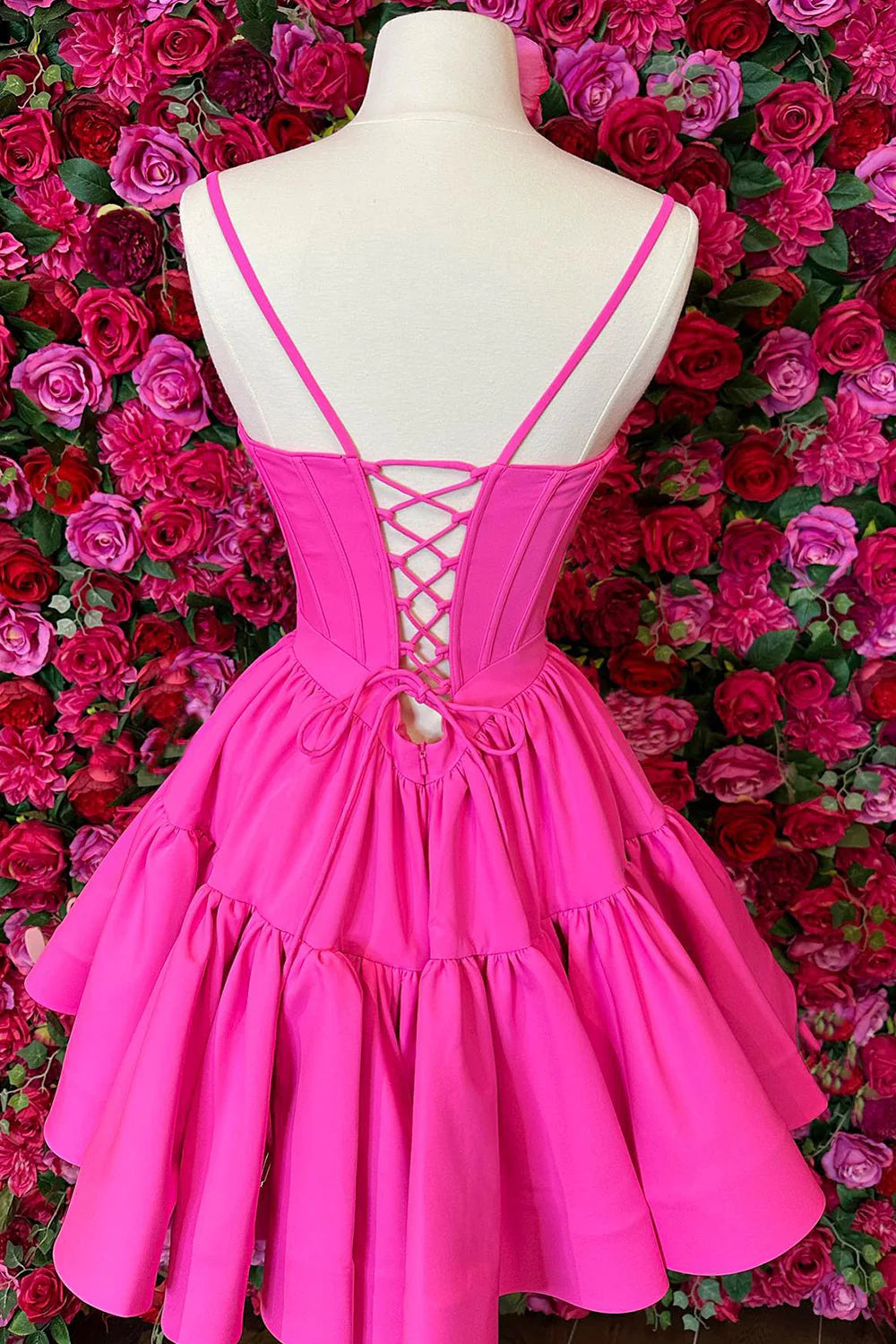 Back view of the lace-up detail on the A-line homecoming dress.
