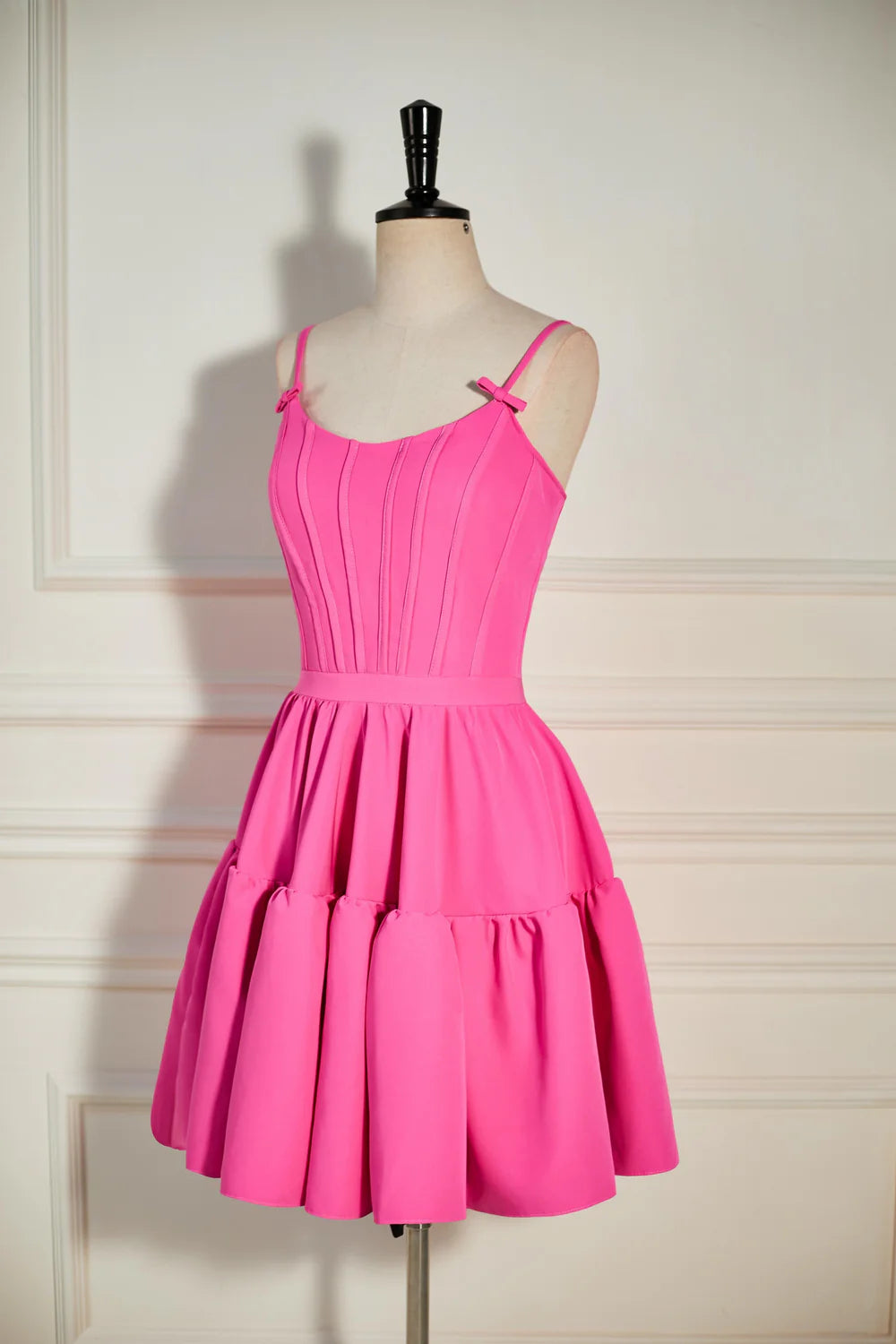 Side view of the short A-line ruffled homecoming dress.