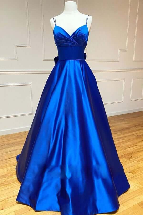 Royal blue A-line satin prom dress with spaghetti straps and bowknot.