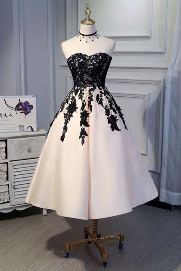 Elegant A-line satin sweetheart lace short homecoming dress, front view.