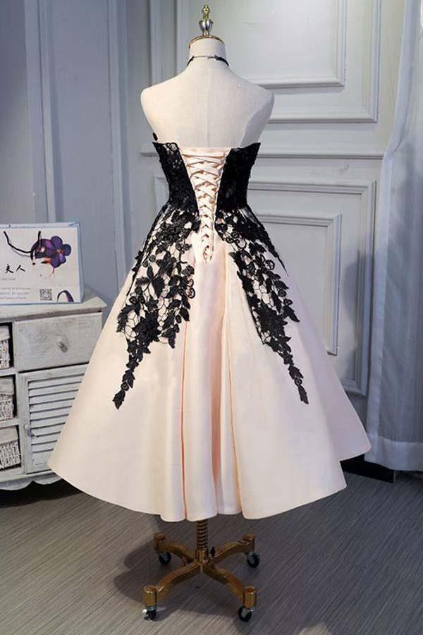 A-line satin sweetheart lace short homecoming dress with delicate lace details.