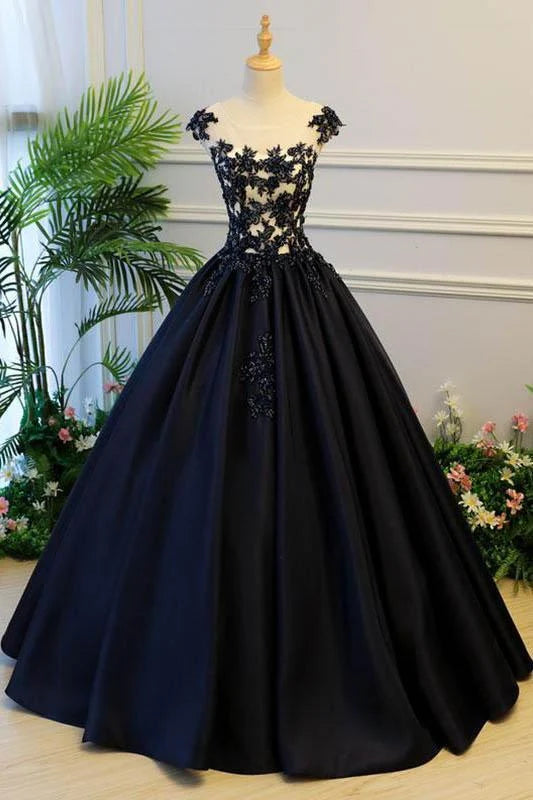 Elegant A-line satin prom dress with scoop neck and applique details.