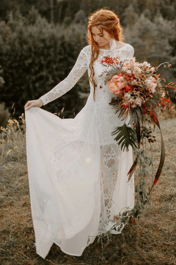 Elegant A-line beach wedding dress with a scoop neck and long sleeves, front view.