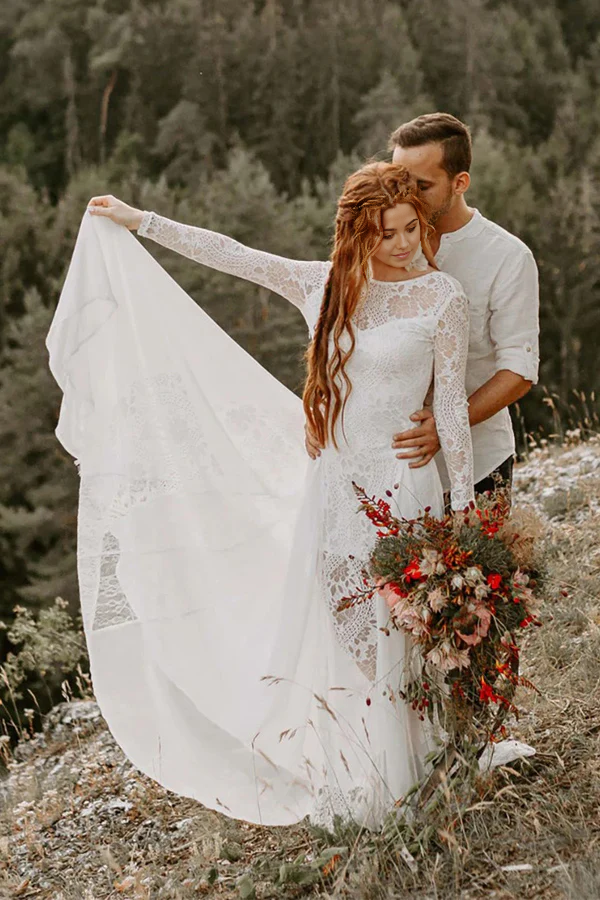 Side profile of a long sleeve A-line wedding dress.