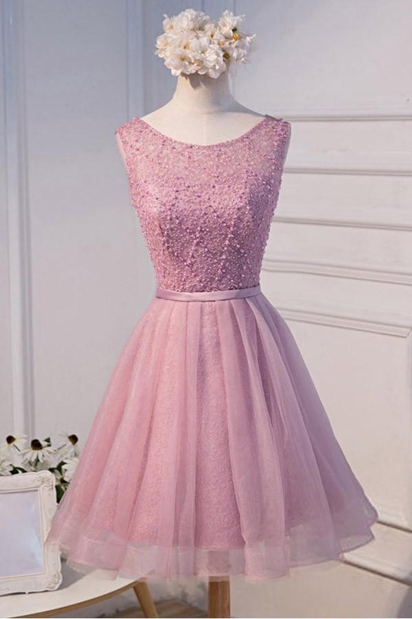 Elegant A-line scoop neck short tulle homecoming dress with sparkling beading.