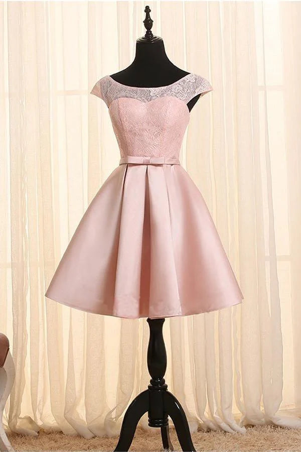A-line scoop neck cap sleeve lace homecoming dress.