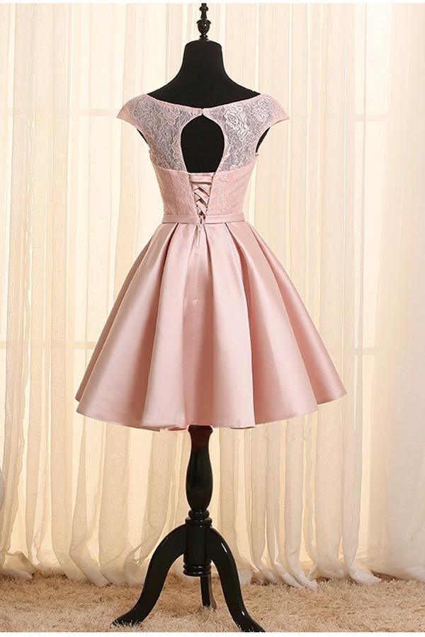 A-line scoop neck cap sleeve lace homecoming dress.