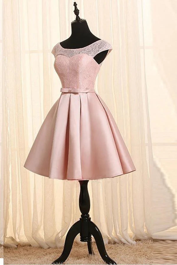 A-line scoop neck cap sleeve lace homecoming dress.