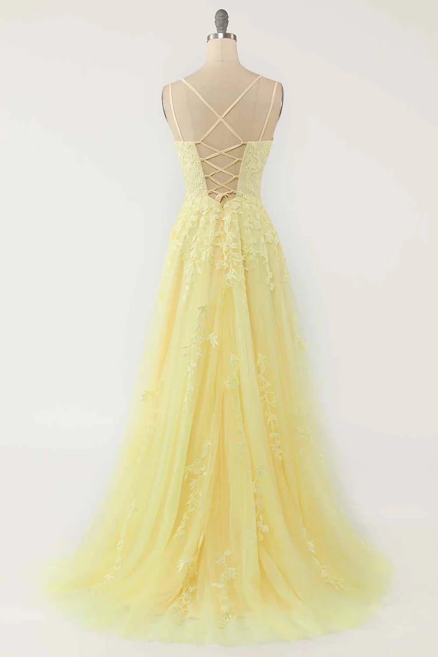 Full length view of a woman wearing the A-line scoop neck prom dress.