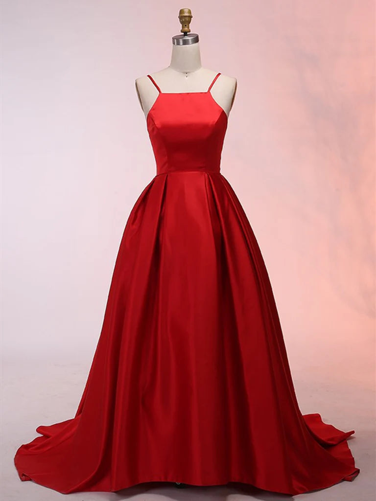 Model wearing a red satin A-line long prom dress with a scoop neck.