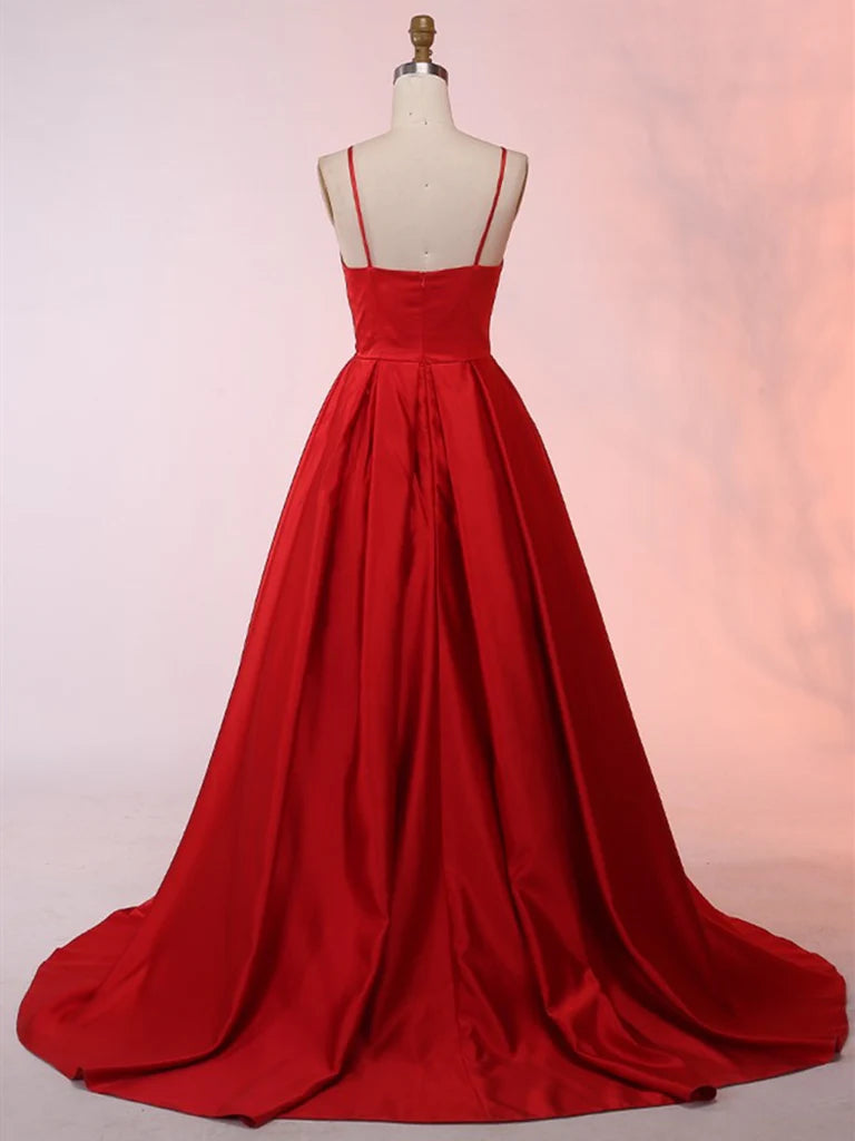 Side view of a model in a red satin A-line long evening dress.