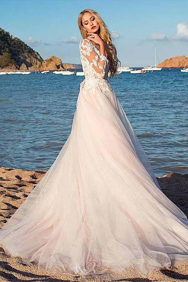 Back view of the A-line wedding dress, showcasing the flowing tulle and elegant silhouette.