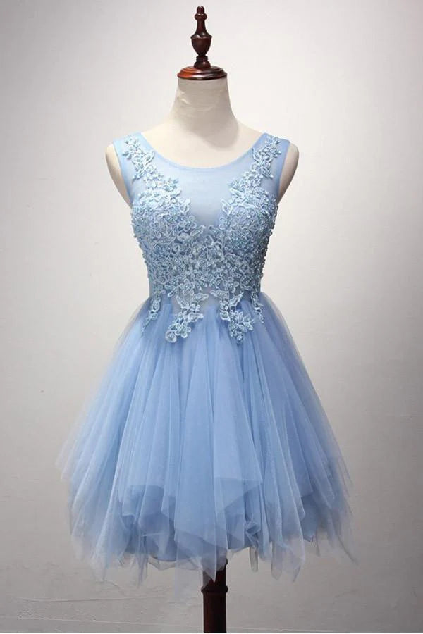 A-line scoop neck tulle short homecoming dress with pearl detailing.