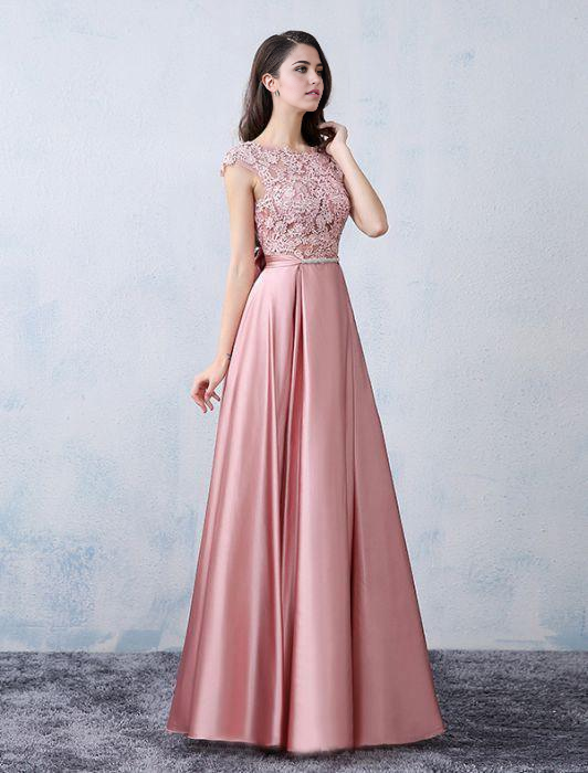 Elegant pink satin evening gown, A-line silhouette.