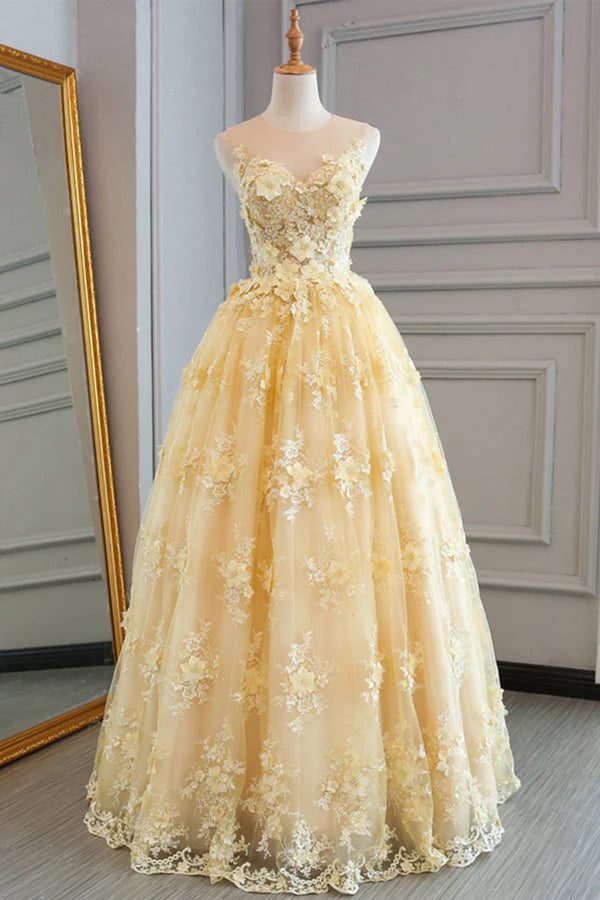 Model wearing an elegant A-line sheer neck prom dress with floral lace appliques and a flowing tulle skirt.