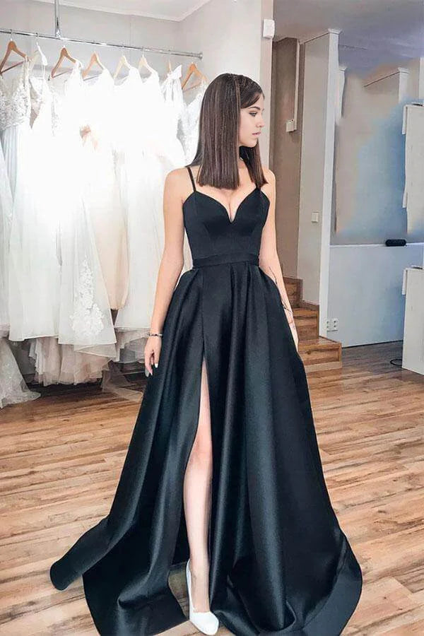 Back view of the simple satin A-line evening gown.