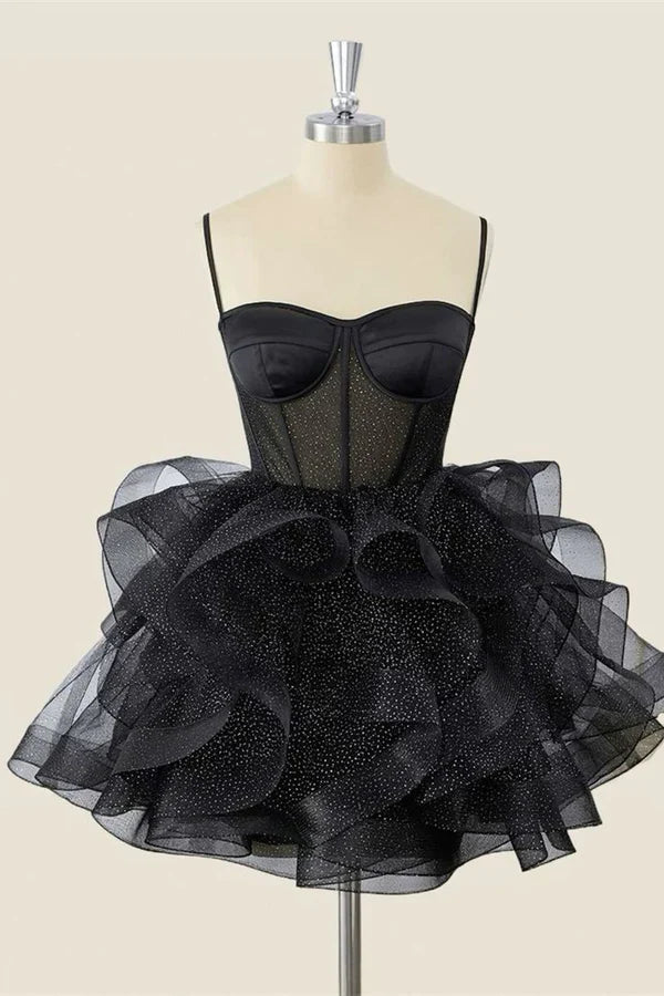 A-line spaghetti strap short tulle dress for homecoming or parties.