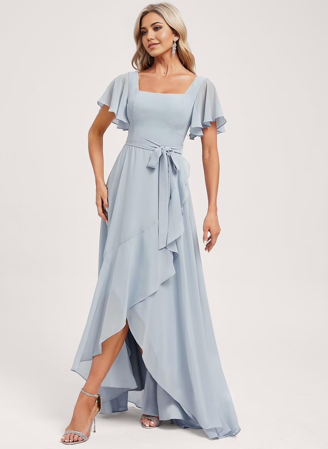 Elegant A-line chiffon dress with square neck.