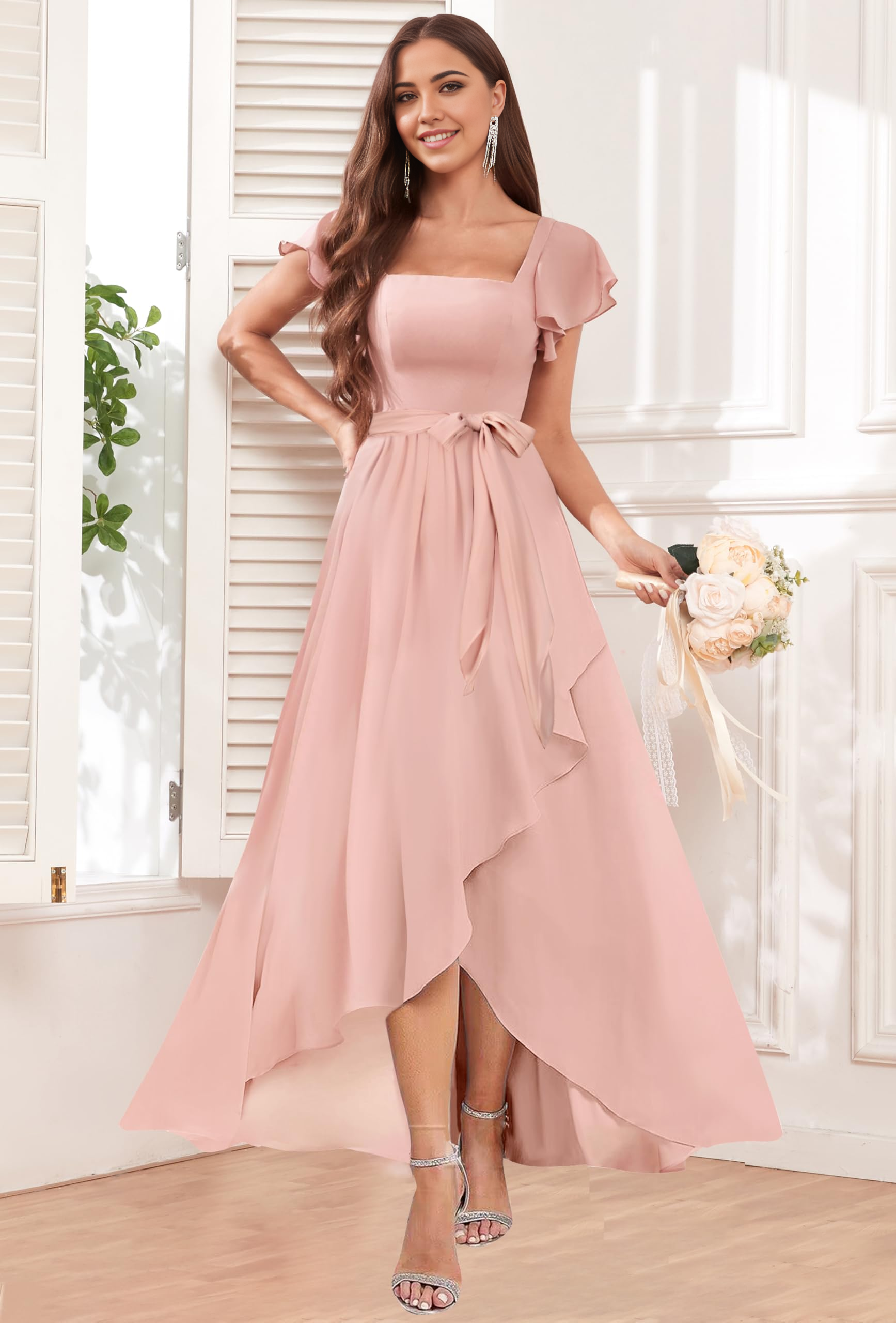 Elegant A-line formal dress with square neck and chiffon ruffle sleeves, featuring a high-low hem.