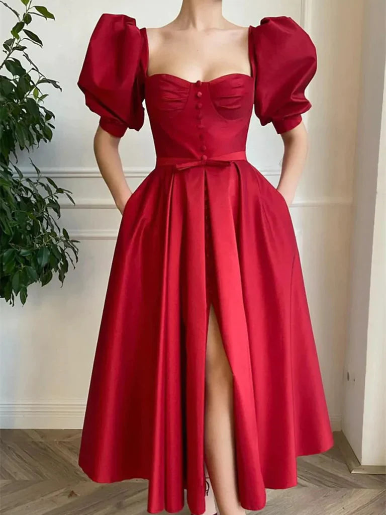 Woman wearing an elegant A-line satin homecoming dress with puff sleeves and square neck.