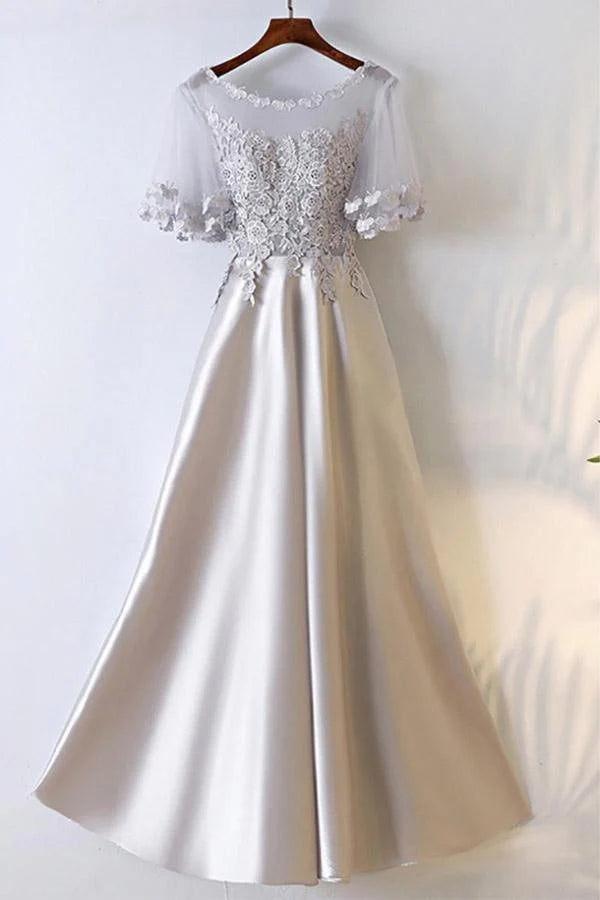 Elegant A-line satin prom dress with square neckline and ankle length.