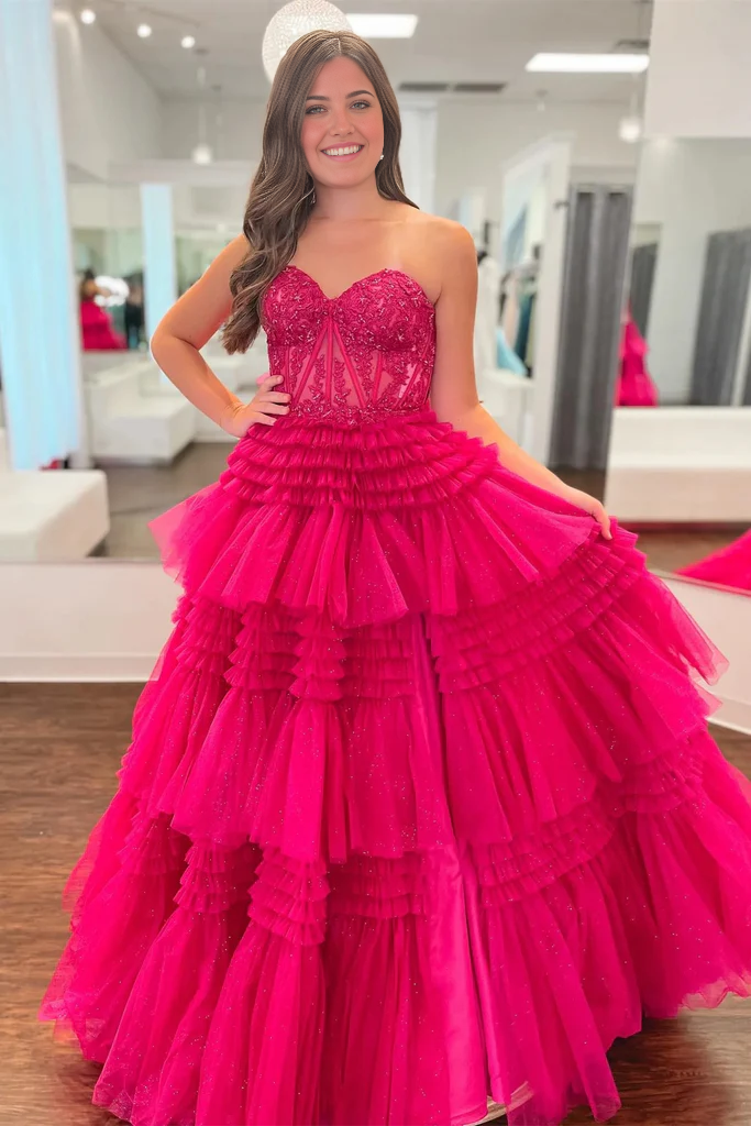Elegant A-line strapless prom dress with appliques and multi-layer tulle.
