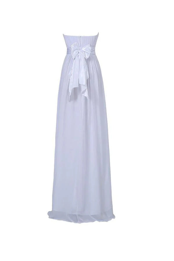 A-line strapless chiffon bridesmaid dress, back view.