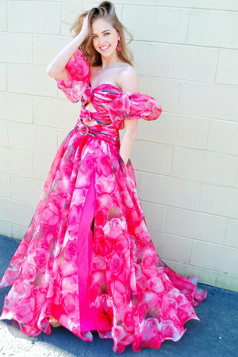 Back view of a strapless floral long prom dress, highlighting the elegant silhouette.