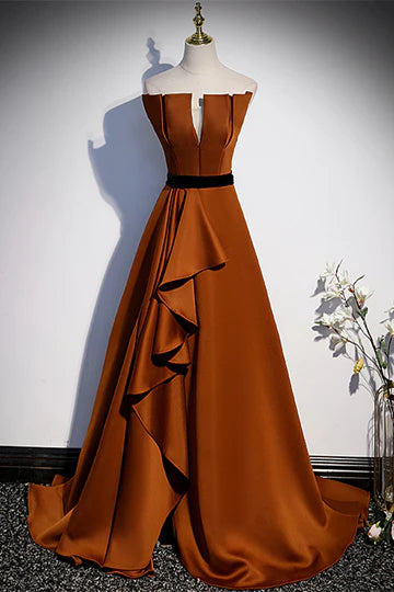 A-line strapless satin formal dress with a high slit.